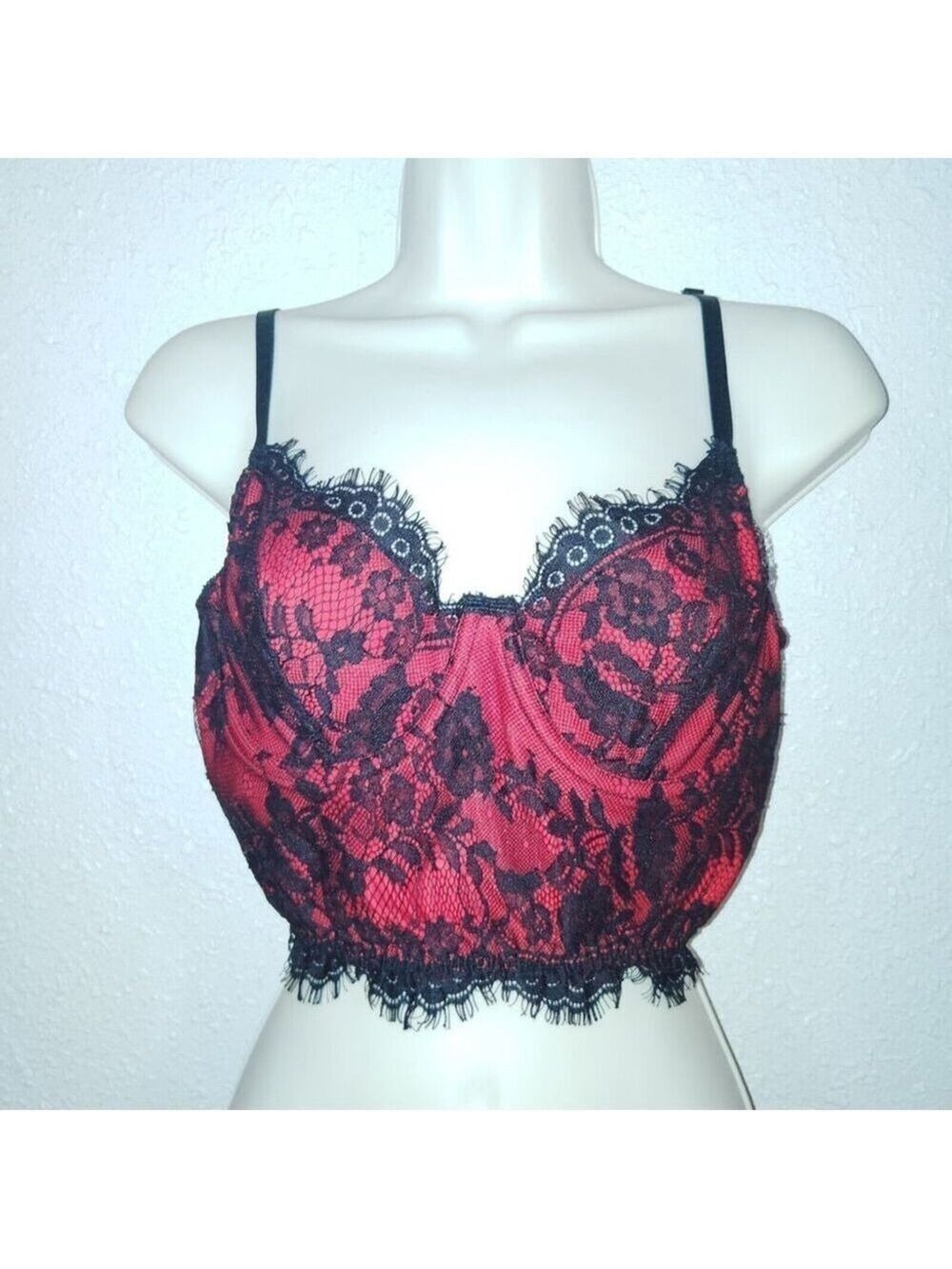 Romwe Women’s Large Red Black Lace Bustier Crop Top Underwire Sheer Mesh adjust - Picture 2 of 7
